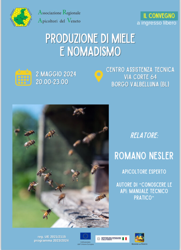 Romano Nesler a Borgo Val Belluno dall'Associazione Regionale Apicoltori del Veneto per discutere di "Produzione del miele e Nomadismo" il 2 maggio 2024 dalle 20 alle 23